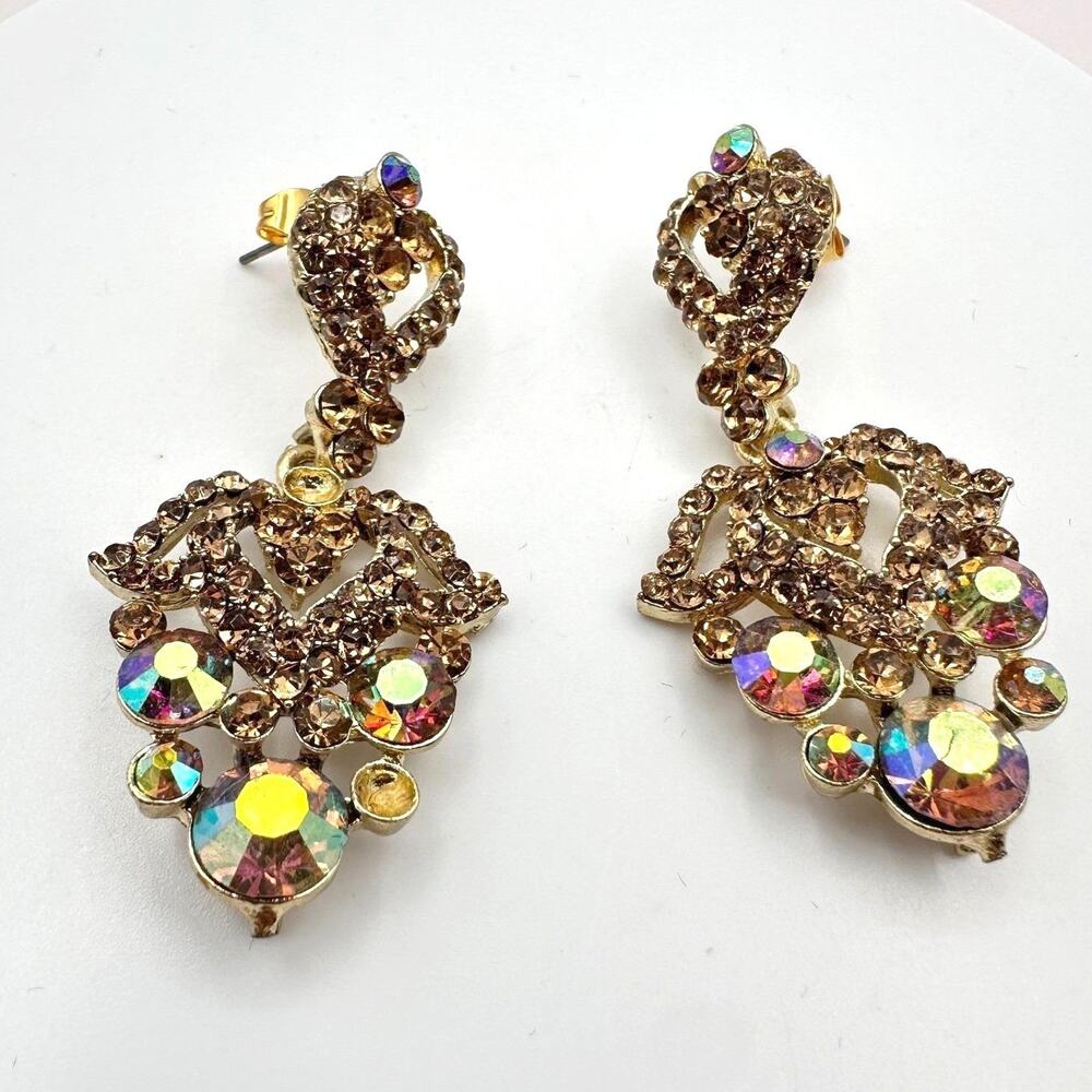 Vintage 90s Victorian Style Gold Tone Brealis Rhinestone Dangle Earrings Jewelry